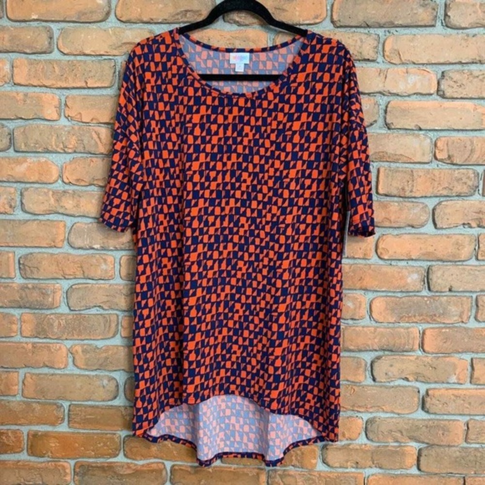 LuLaRoe Irma Tunic Top Womens Medium Orange Blue Geometric Print Casual Everyday
